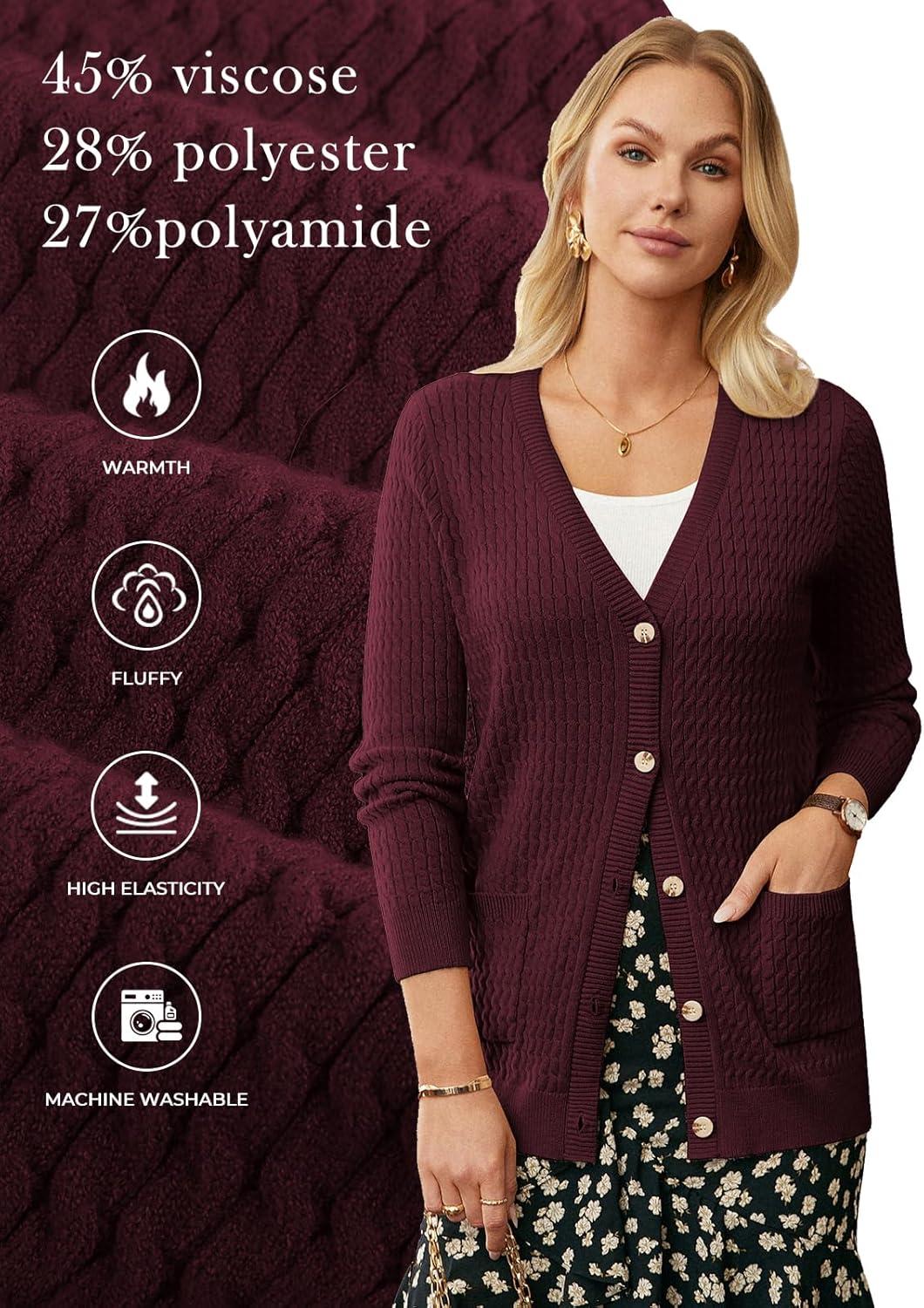 imageGRACE KARIN Long Cardigans for Women 2025 Cable Knit Cardigan Sweaters with Pockets Early Fall Fashion 2025Red