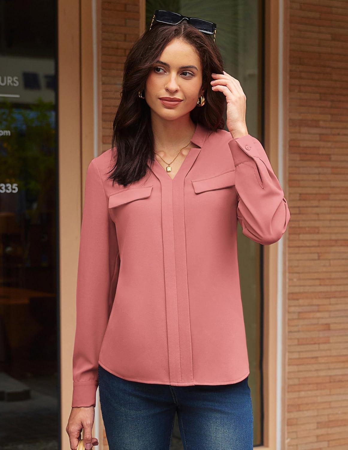 imageGRACE KARIN Long Sleeve Women Dressy Casual Tops Elegant Work Blouses Fall Outfits 2025 V Neck Business ShirtsCoral