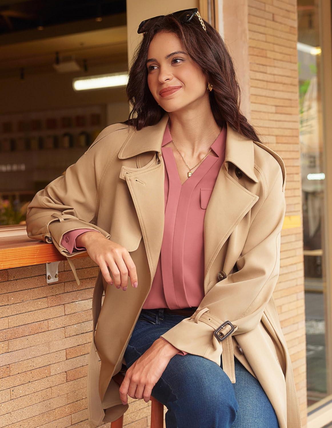 imageGRACE KARIN Long Sleeve Women Dressy Casual Tops Elegant Work Blouses Fall Outfits 2025 V Neck Business ShirtsCoral