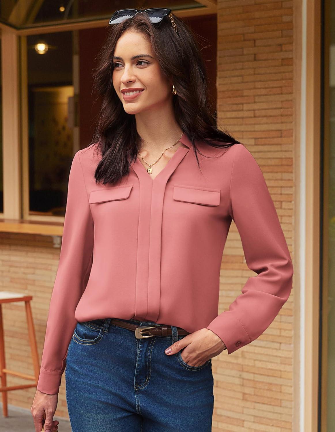 imageGRACE KARIN Long Sleeve Women Dressy Casual Tops Elegant Work Blouses Fall Outfits 2025 V Neck Business ShirtsCoral