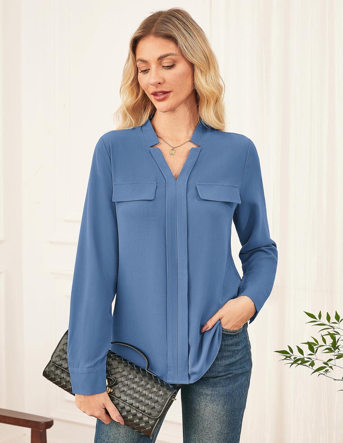 imageGRACE KARIN Long Sleeve Women Dressy Casual Tops Elegant Work Blouses Fall Outfits 2025 V Neck Business ShirtsGray Blue