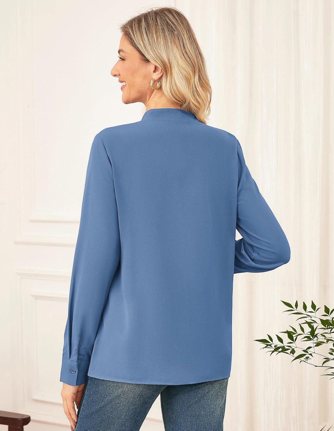 imageGRACE KARIN Long Sleeve Women Dressy Casual Tops Elegant Work Blouses Fall Outfits 2025 V Neck Business ShirtsGray Blue