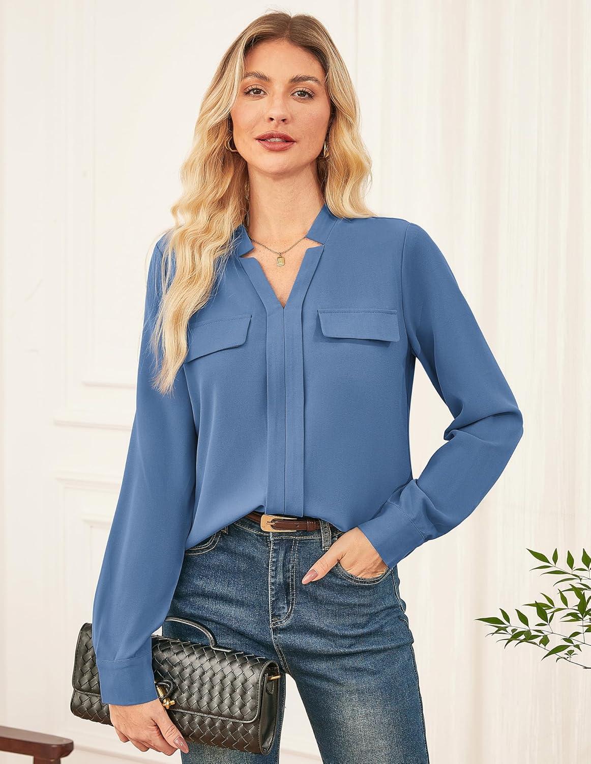imageGRACE KARIN Long Sleeve Women Dressy Casual Tops Elegant Work Blouses Fall Outfits 2025 V Neck Business ShirtsGray Blue