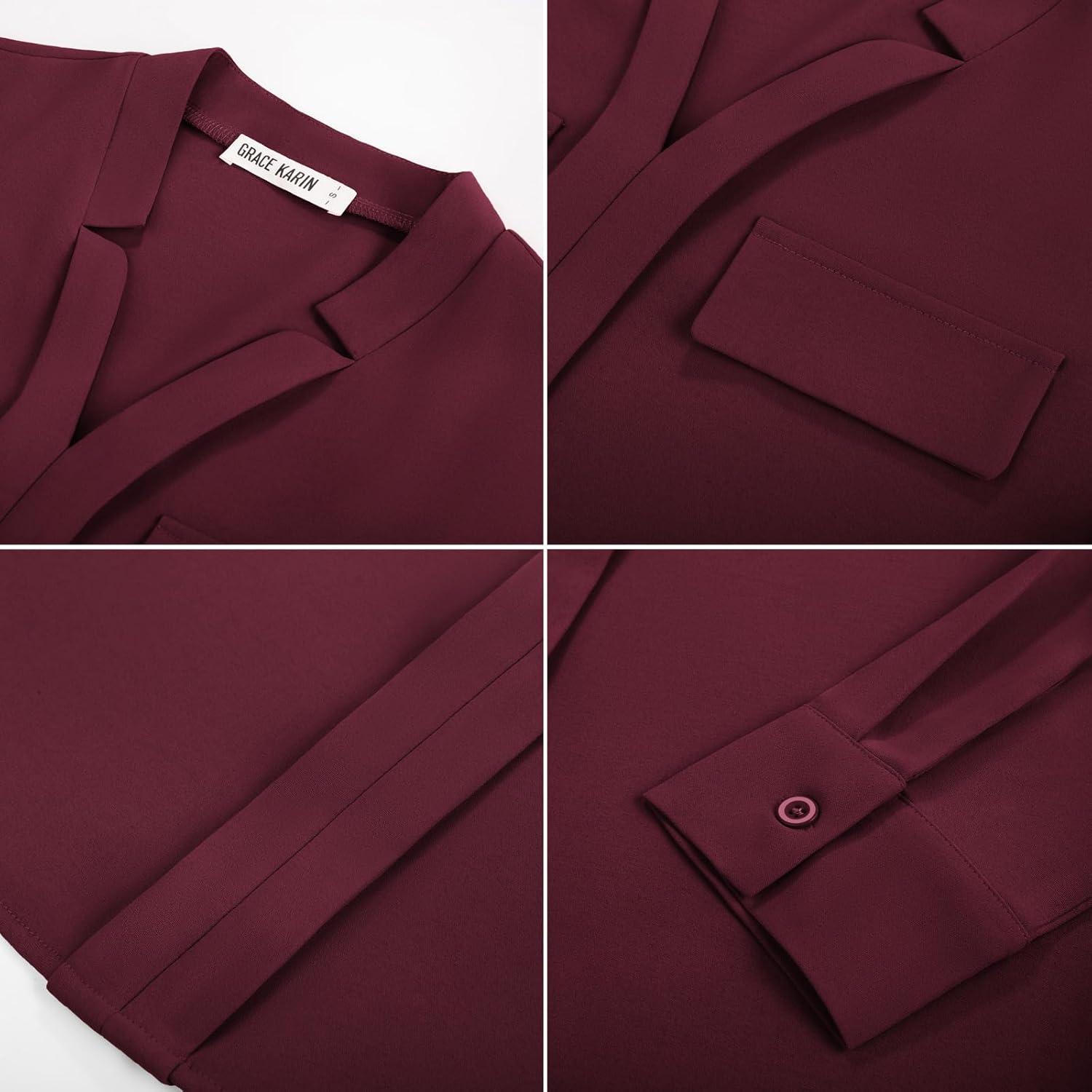 imageGRACE KARIN Long Sleeve Women Dressy Casual Tops Elegant Work Blouses Fall Outfits 2025 V Neck Business ShirtsWine Red