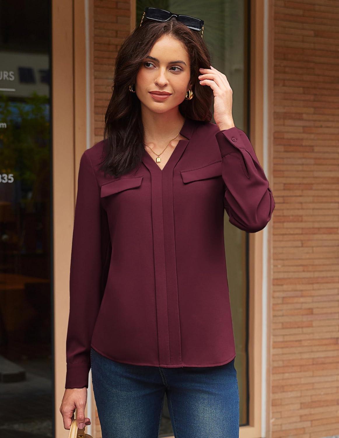 imageGRACE KARIN Long Sleeve Women Dressy Casual Tops Elegant Work Blouses Fall Outfits 2025 V Neck Business ShirtsWine Red