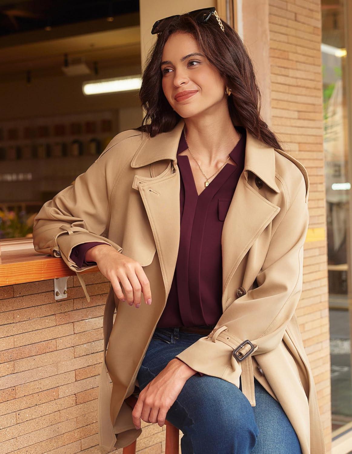 imageGRACE KARIN Long Sleeve Women Dressy Casual Tops Elegant Work Blouses Fall Outfits 2025 V Neck Business ShirtsWine Red