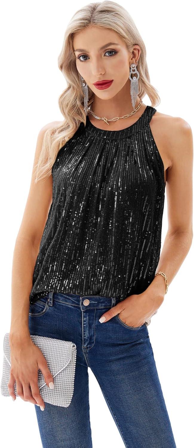 imageGRACE KARIN Sequin Halter Tops for Women Sleeveless Sparkly Shiny Tank Tops Ruched Flowy Sparkly Club Outfits Party ShirtBlack
