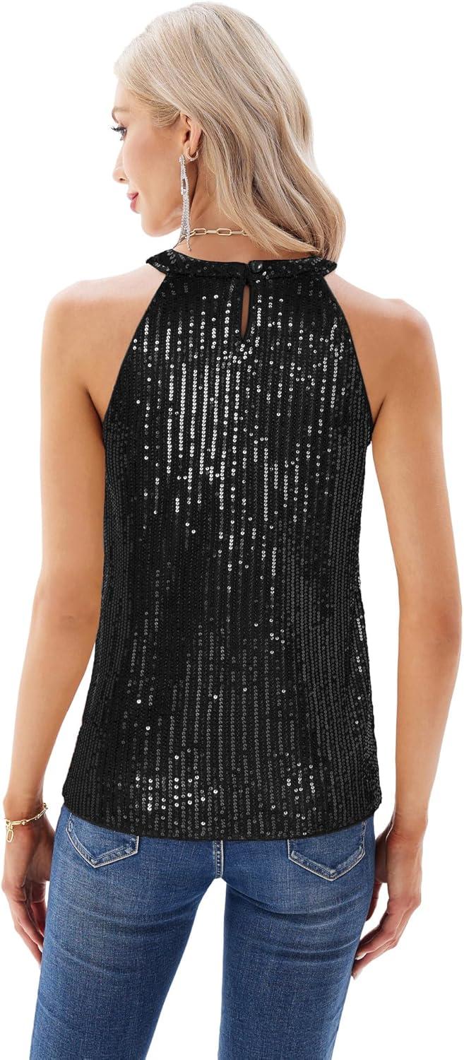 imageGRACE KARIN Sequin Halter Tops for Women Sleeveless Sparkly Shiny Tank Tops Ruched Flowy Sparkly Club Outfits Party ShirtBlack
