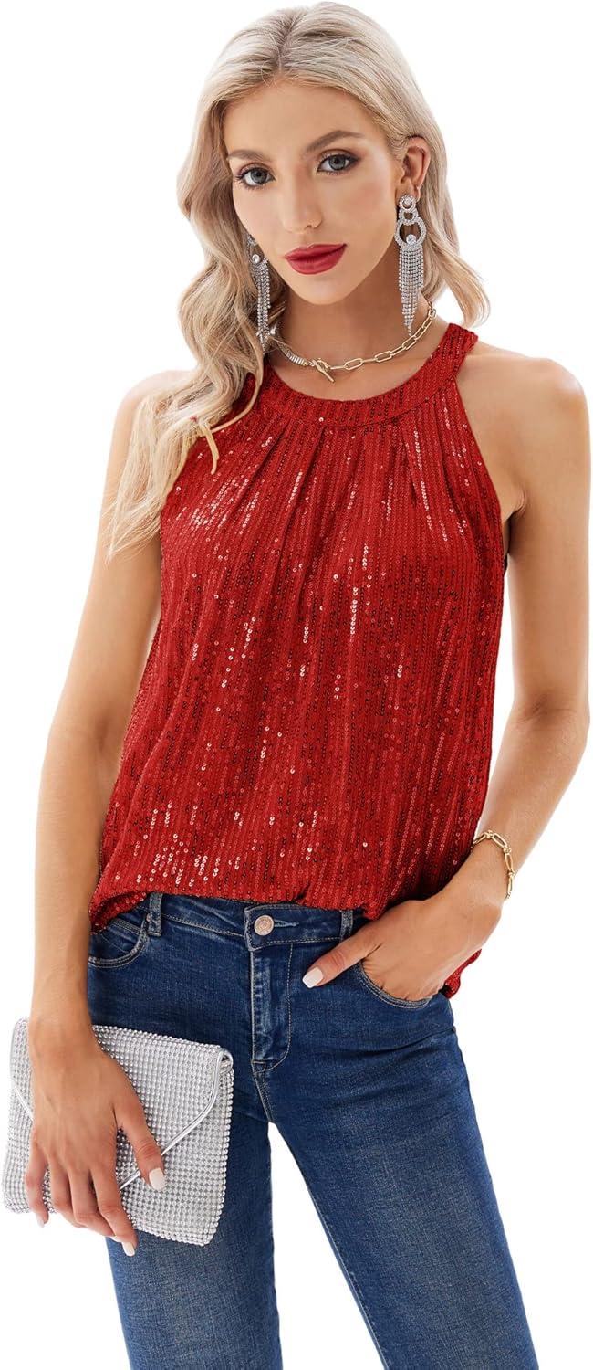 imageGRACE KARIN Sequin Halter Tops for Women Sleeveless Sparkly Shiny Tank Tops Ruched Flowy Sparkly Club Outfits Party ShirtBright Red
