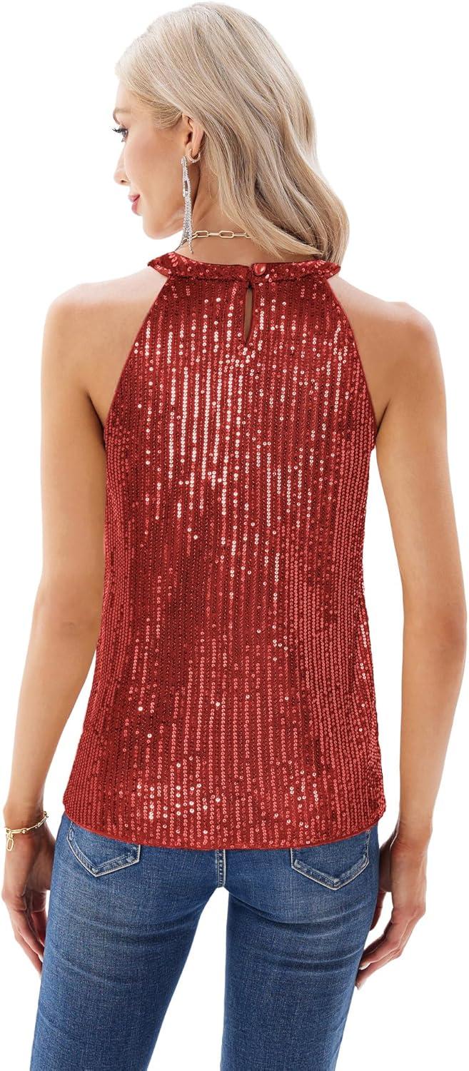 imageGRACE KARIN Sequin Halter Tops for Women Sleeveless Sparkly Shiny Tank Tops Ruched Flowy Sparkly Club Outfits Party ShirtBright Red