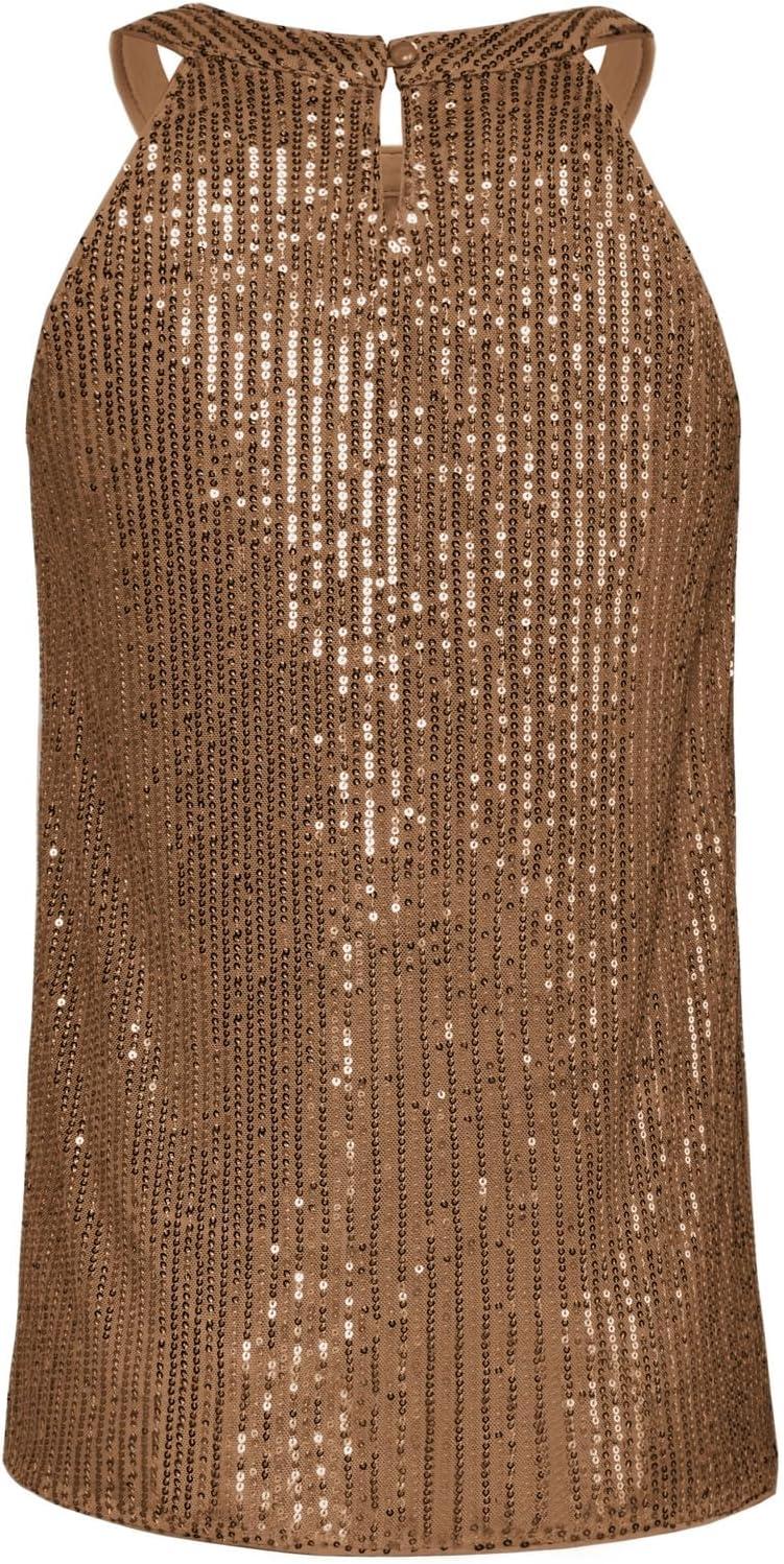 imageGRACE KARIN Sequin Halter Tops for Women Sleeveless Sparkly Shiny Tank Tops Ruched Flowy Sparkly Club Outfits Party ShirtBrown