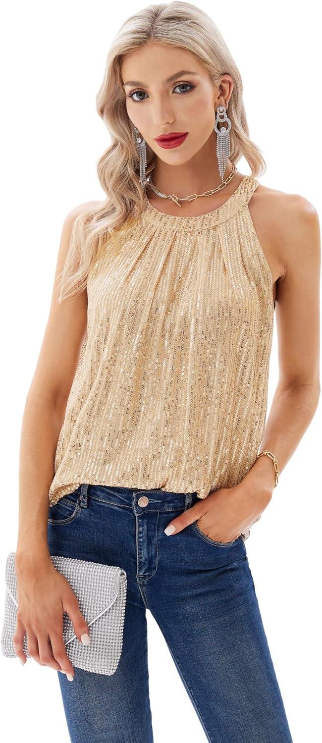 imageGRACE KARIN Sequin Halter Tops for Women Sleeveless Sparkly Shiny Tank Tops Ruched Flowy Sparkly Club Outfits Party ShirtChampagne
