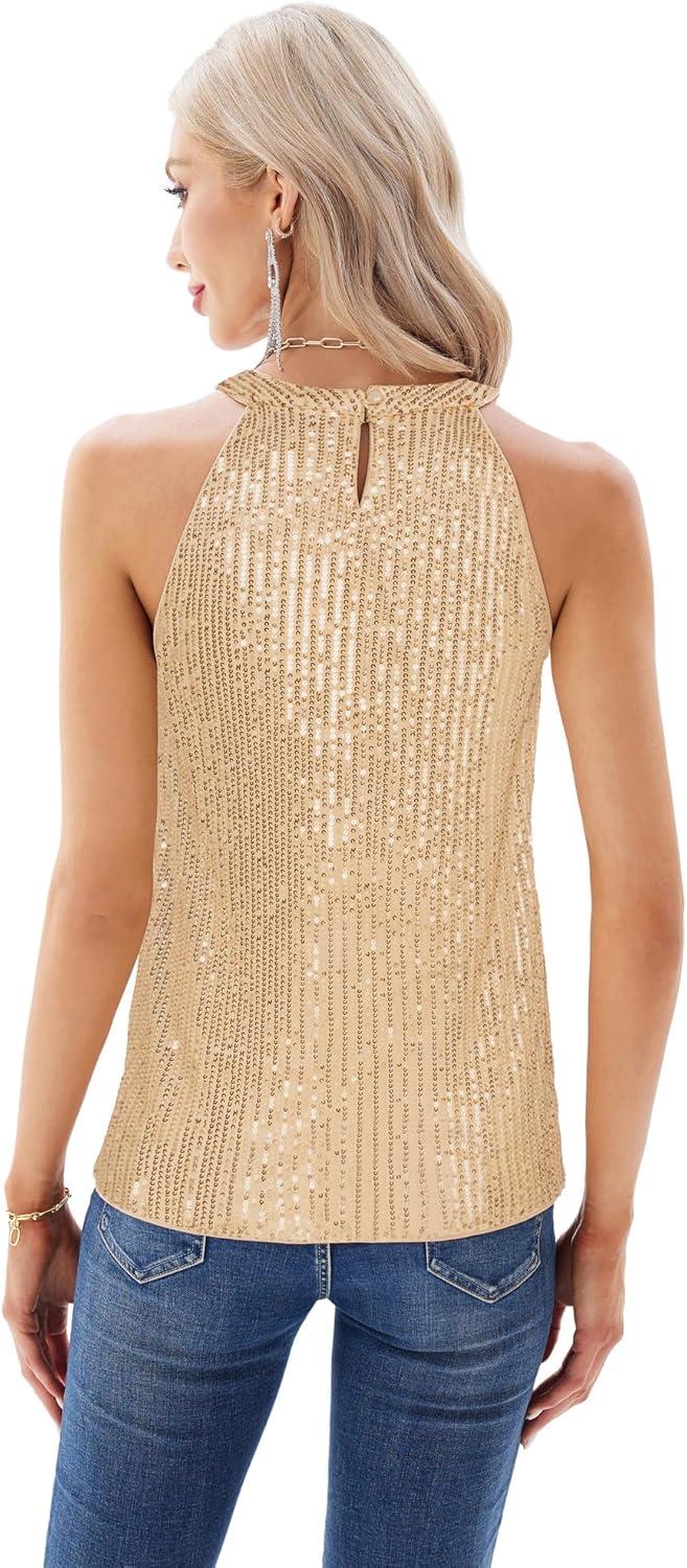 imageGRACE KARIN Sequin Halter Tops for Women Sleeveless Sparkly Shiny Tank Tops Ruched Flowy Sparkly Club Outfits Party ShirtChampagne