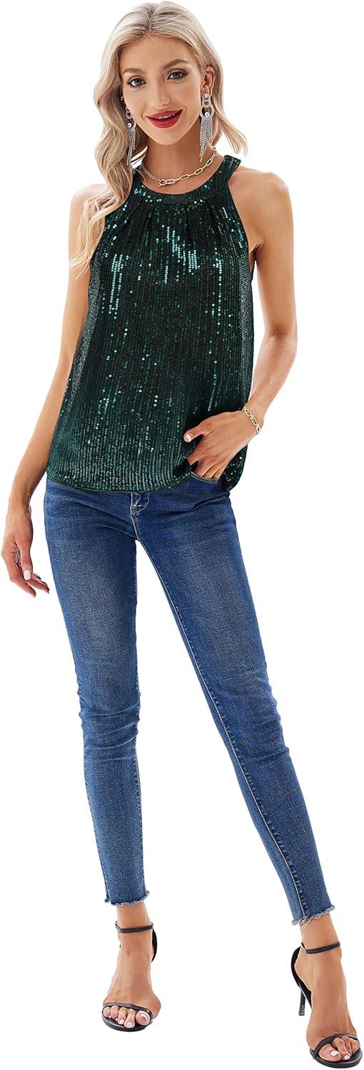 imageGRACE KARIN Sequin Halter Tops for Women Sleeveless Sparkly Shiny Tank Tops Ruched Flowy Sparkly Club Outfits Party ShirtDark Green