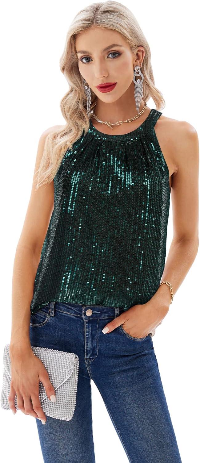 imageGRACE KARIN Sequin Halter Tops for Women Sleeveless Sparkly Shiny Tank Tops Ruched Flowy Sparkly Club Outfits Party ShirtDark Green