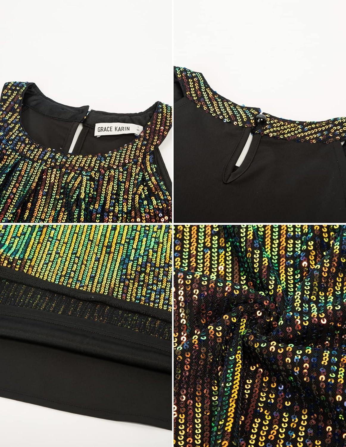 imageGRACE KARIN Sequin Halter Tops for Women Sleeveless Sparkly Shiny Tank Tops Ruched Flowy Sparkly Club Outfits Party ShirtDazzlingblack