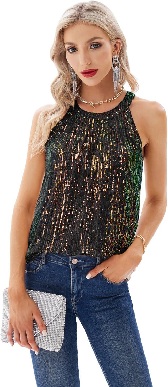 imageGRACE KARIN Sequin Halter Tops for Women Sleeveless Sparkly Shiny Tank Tops Ruched Flowy Sparkly Club Outfits Party ShirtDazzlingblack