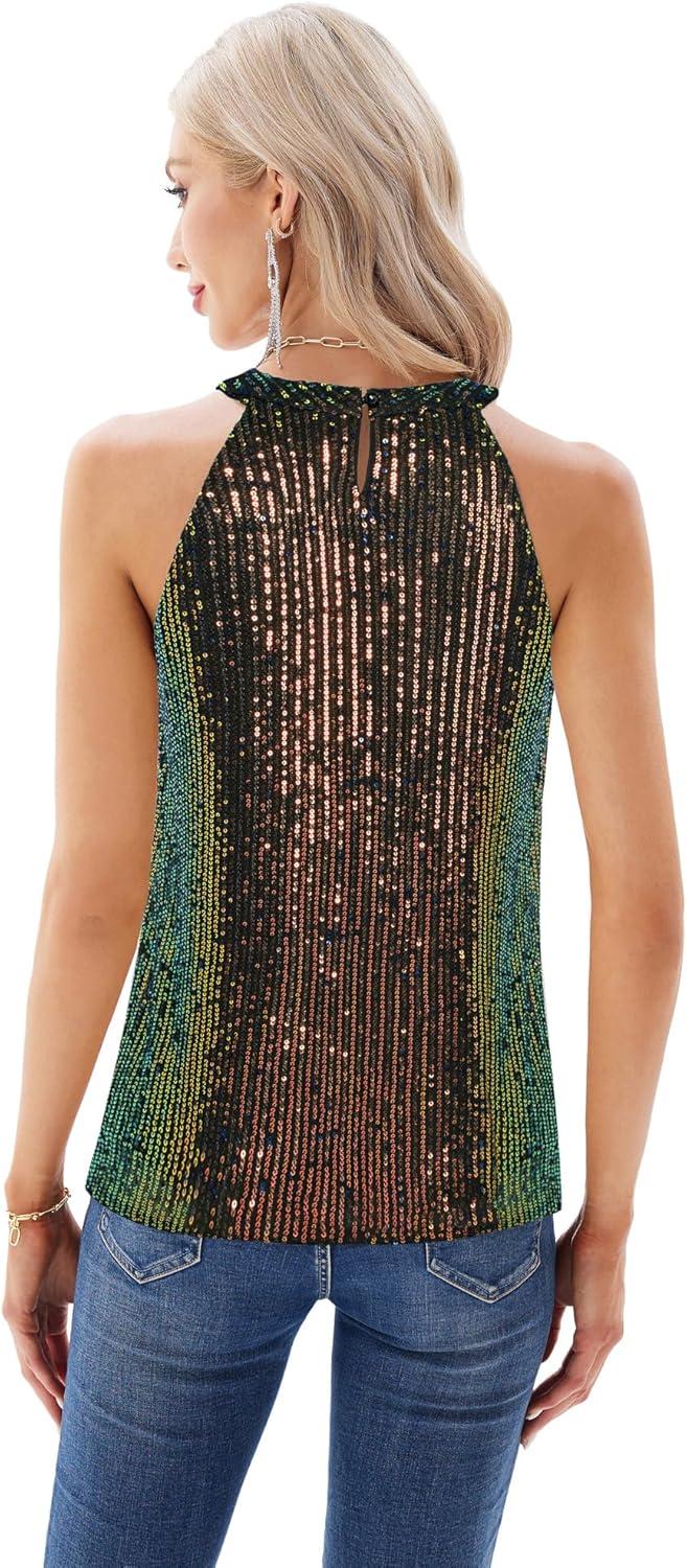 imageGRACE KARIN Sequin Halter Tops for Women Sleeveless Sparkly Shiny Tank Tops Ruched Flowy Sparkly Club Outfits Party ShirtDazzlingblack