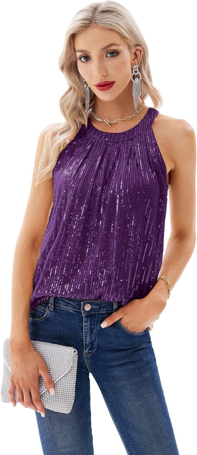 imageGRACE KARIN Sequin Halter Tops for Women Sleeveless Sparkly Shiny Tank Tops Ruched Flowy Sparkly Club Outfits Party ShirtPurple