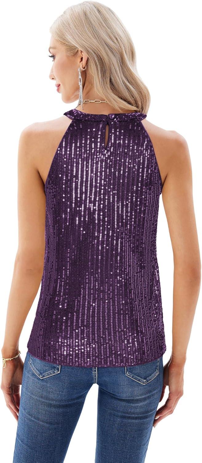 imageGRACE KARIN Sequin Halter Tops for Women Sleeveless Sparkly Shiny Tank Tops Ruched Flowy Sparkly Club Outfits Party ShirtPurple