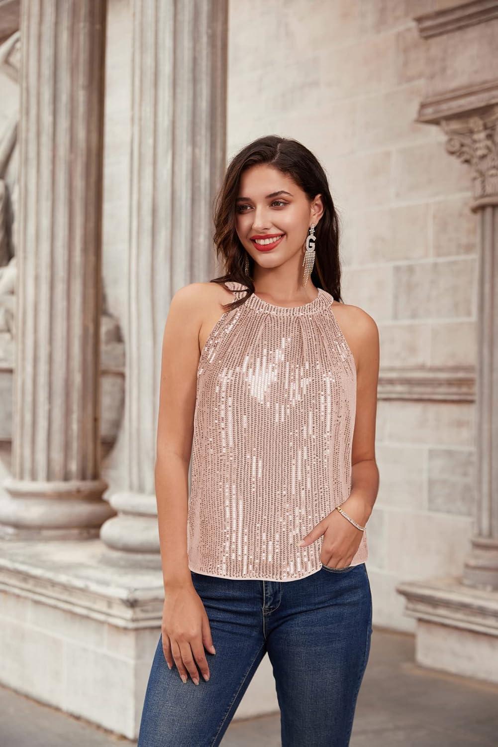 imageGRACE KARIN Sequin Halter Tops for Women Sleeveless Sparkly Shiny Tank Tops Ruched Flowy Sparkly Club Outfits Party ShirtRose Gold