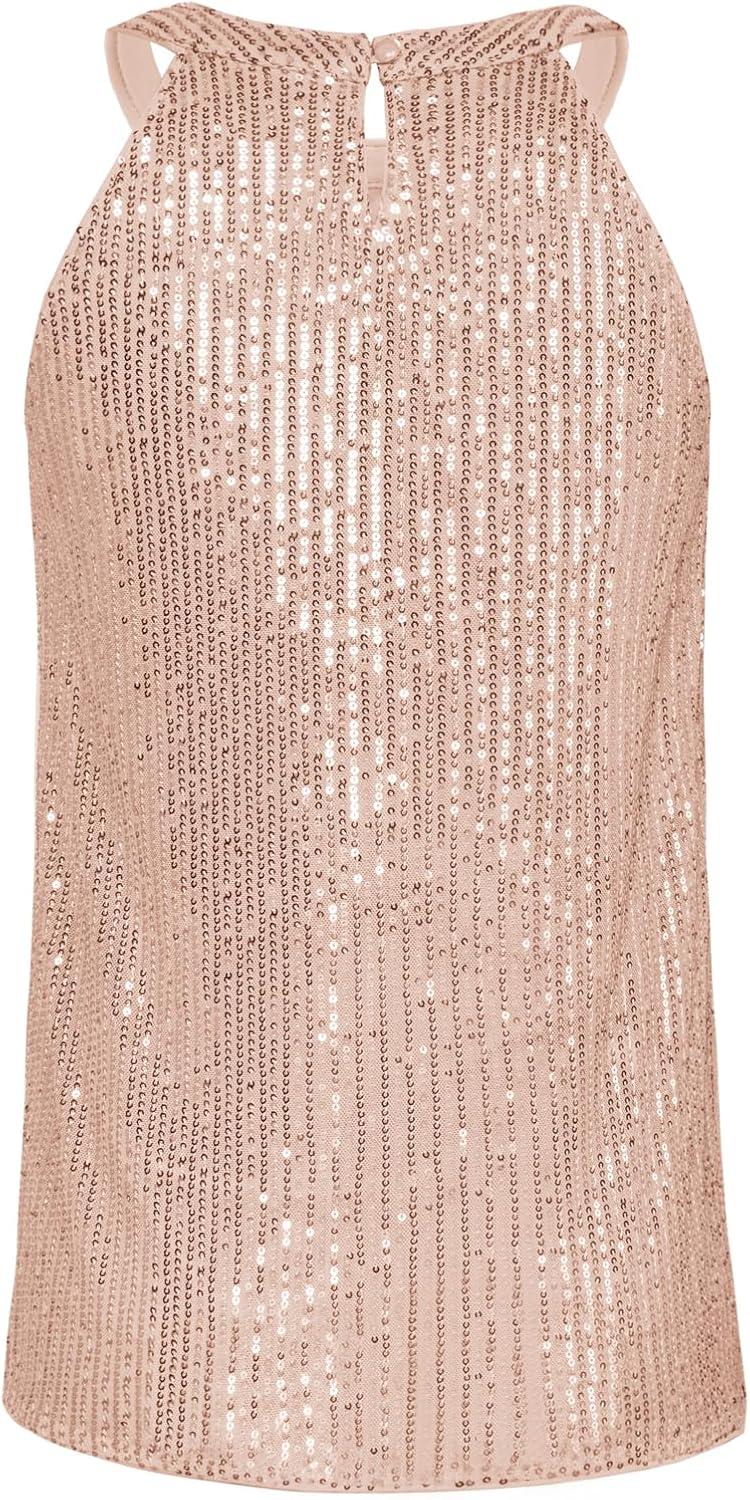 imageGRACE KARIN Sequin Halter Tops for Women Sleeveless Sparkly Shiny Tank Tops Ruched Flowy Sparkly Club Outfits Party ShirtRose Gold