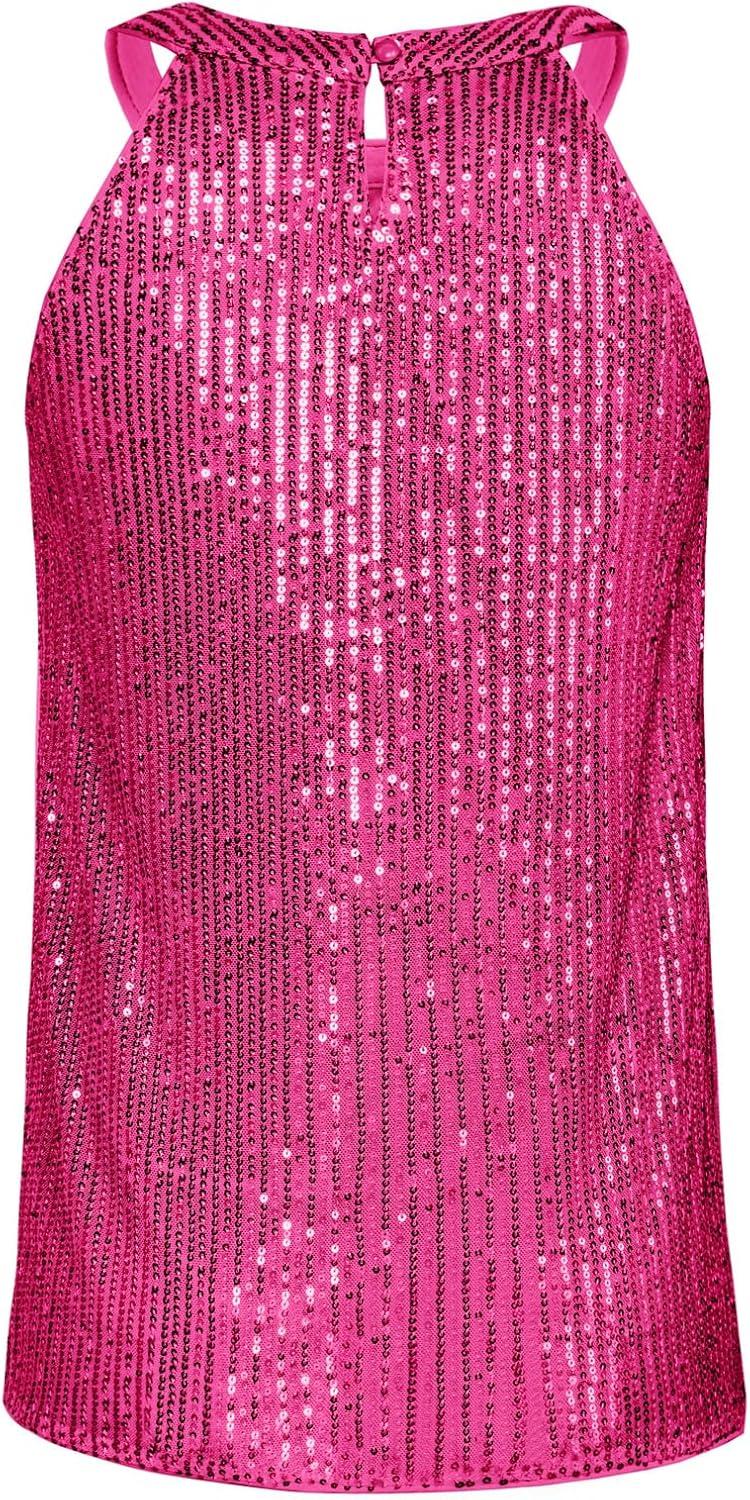 imageGRACE KARIN Sequin Halter Tops for Women Sleeveless Sparkly Shiny Tank Tops Ruched Flowy Sparkly Club Outfits Party ShirtRose Red