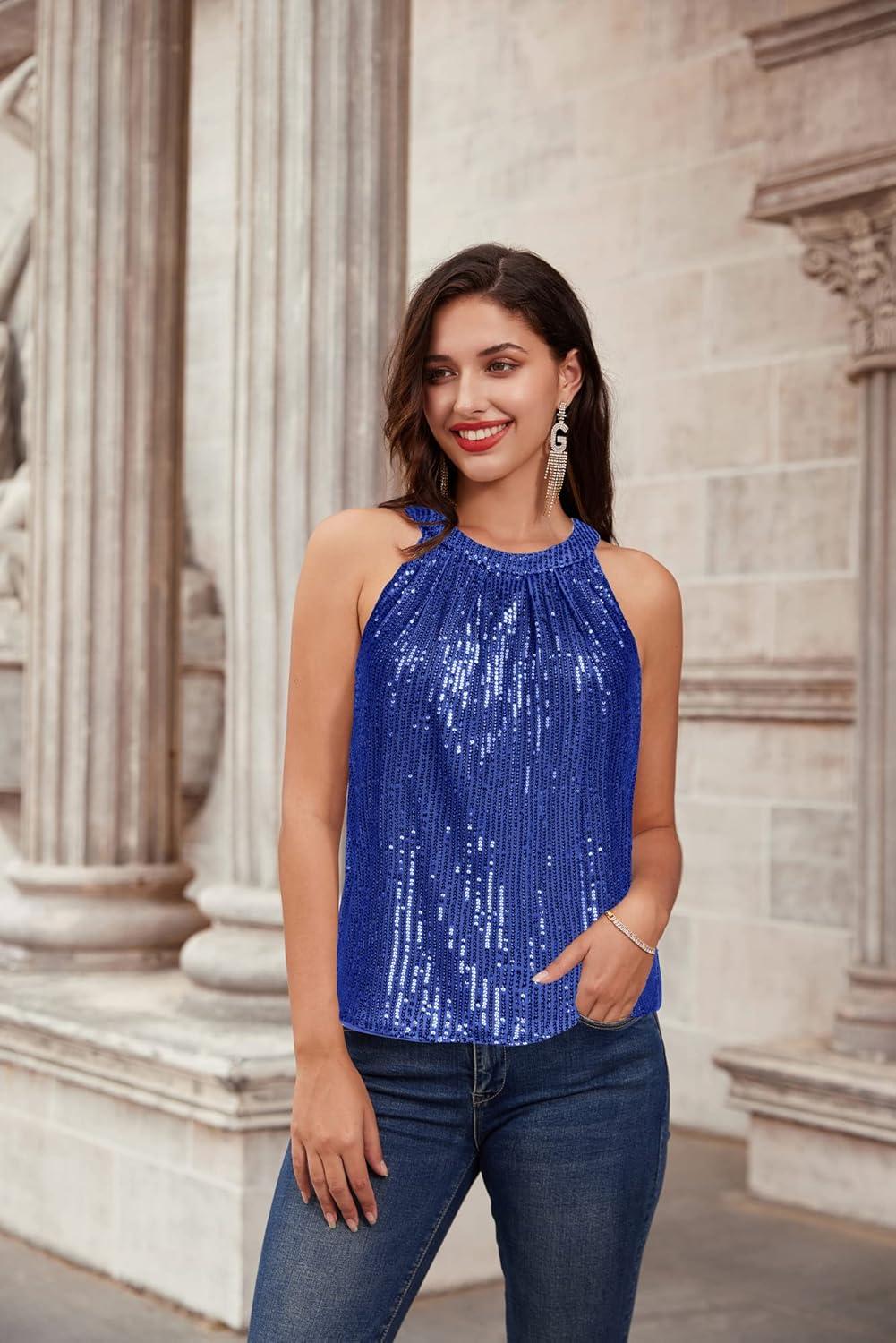 imageGRACE KARIN Sequin Halter Tops for Women Sleeveless Sparkly Shiny Tank Tops Ruched Flowy Sparkly Club Outfits Party ShirtRoyal Blue