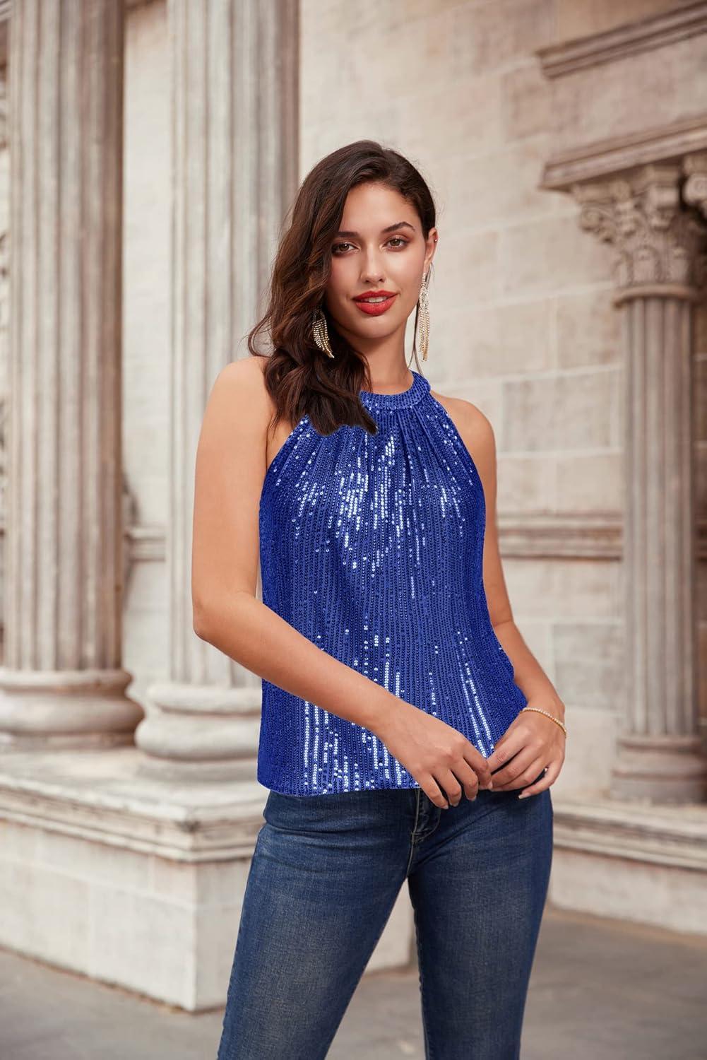 imageGRACE KARIN Sequin Halter Tops for Women Sleeveless Sparkly Shiny Tank Tops Ruched Flowy Sparkly Club Outfits Party ShirtRoyal Blue