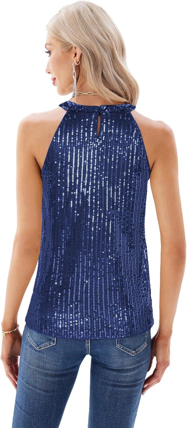 imageGRACE KARIN Sequin Halter Tops for Women Sleeveless Sparkly Shiny Tank Tops Ruched Flowy Sparkly Club Outfits Party ShirtRoyal Blue