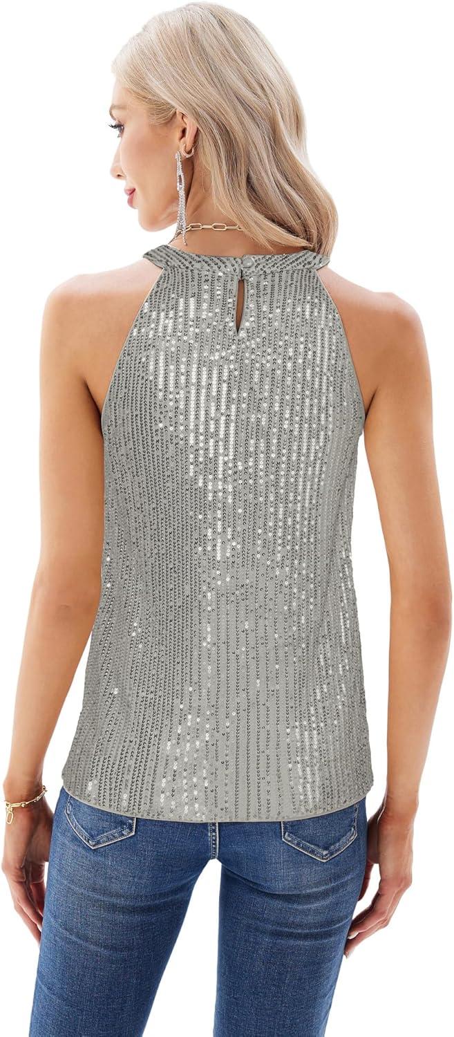 imageGRACE KARIN Sequin Halter Tops for Women Sleeveless Sparkly Shiny Tank Tops Ruched Flowy Sparkly Club Outfits Party ShirtSilver Gray