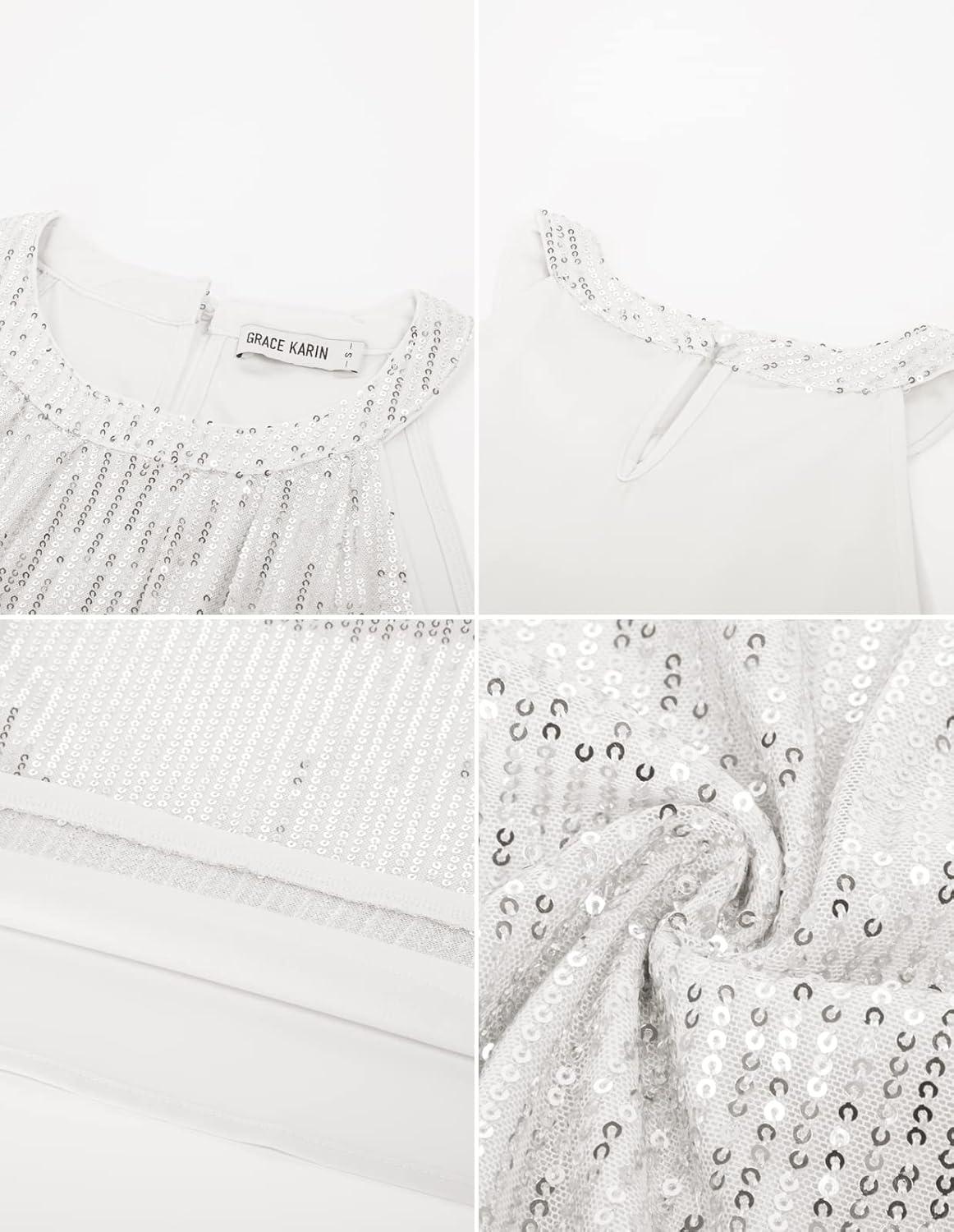 imageGRACE KARIN Sequin Halter Tops for Women Sleeveless Sparkly Shiny Tank Tops Ruched Flowy Sparkly Club Outfits Party ShirtSilver White