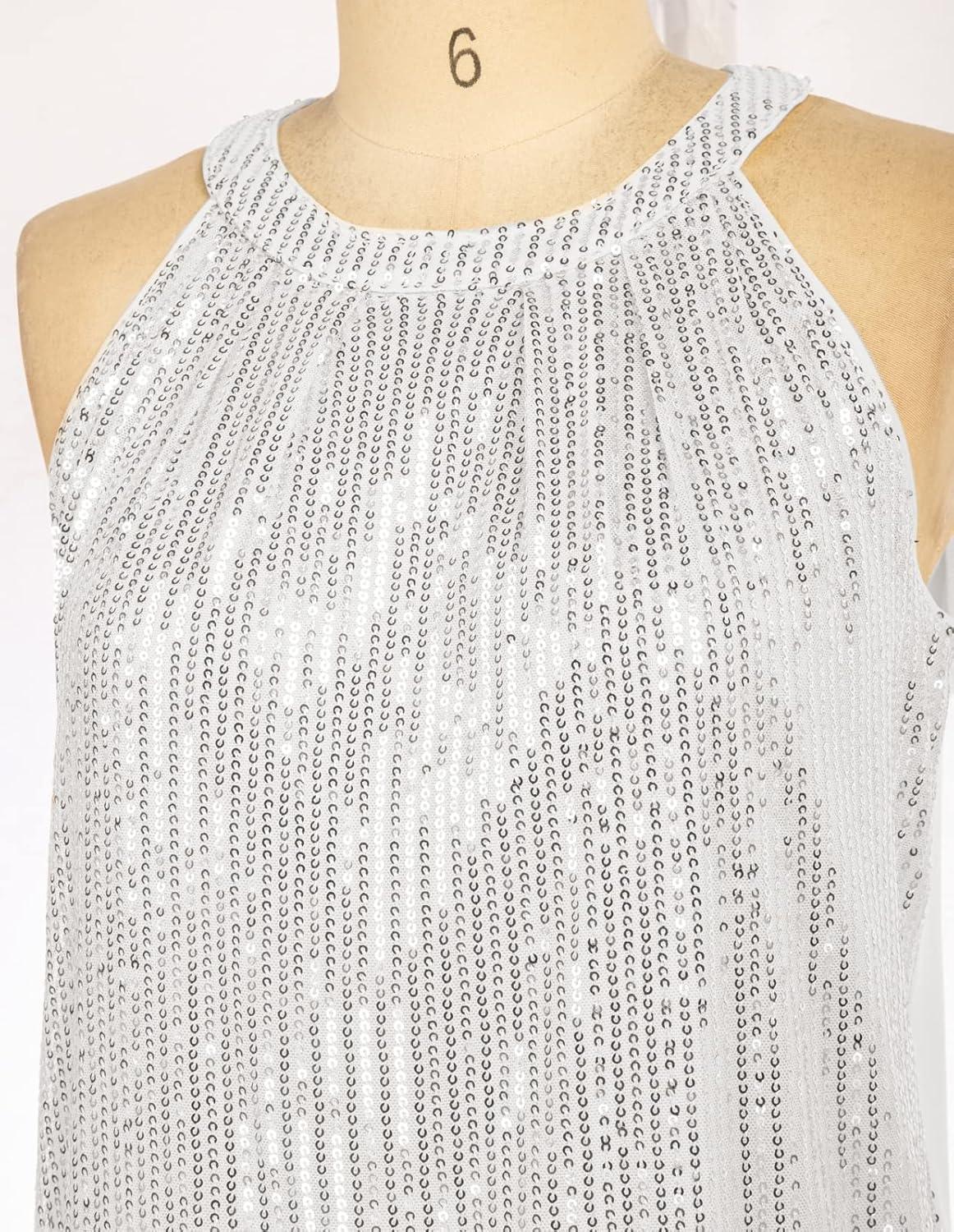 imageGRACE KARIN Sequin Halter Tops for Women Sleeveless Sparkly Shiny Tank Tops Ruched Flowy Sparkly Club Outfits Party ShirtSilver White