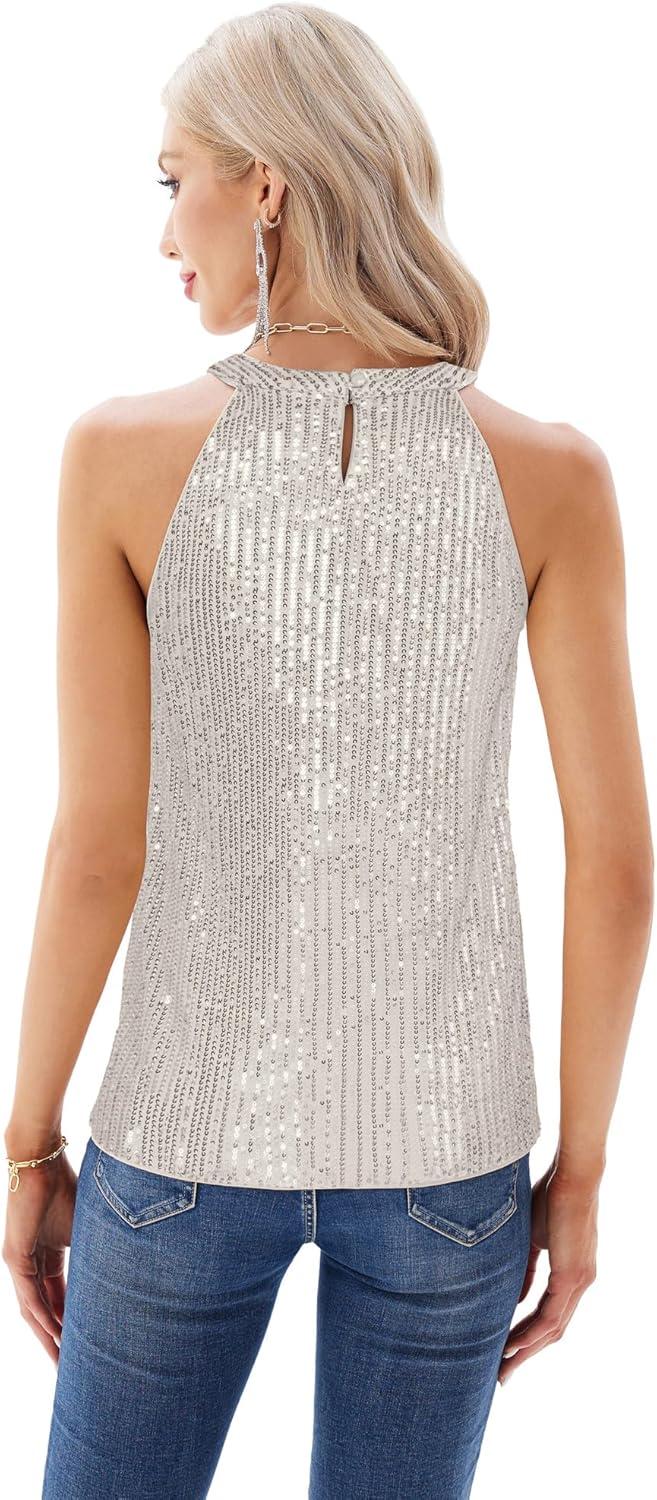 imageGRACE KARIN Sequin Halter Tops for Women Sleeveless Sparkly Shiny Tank Tops Ruched Flowy Sparkly Club Outfits Party ShirtSilver White