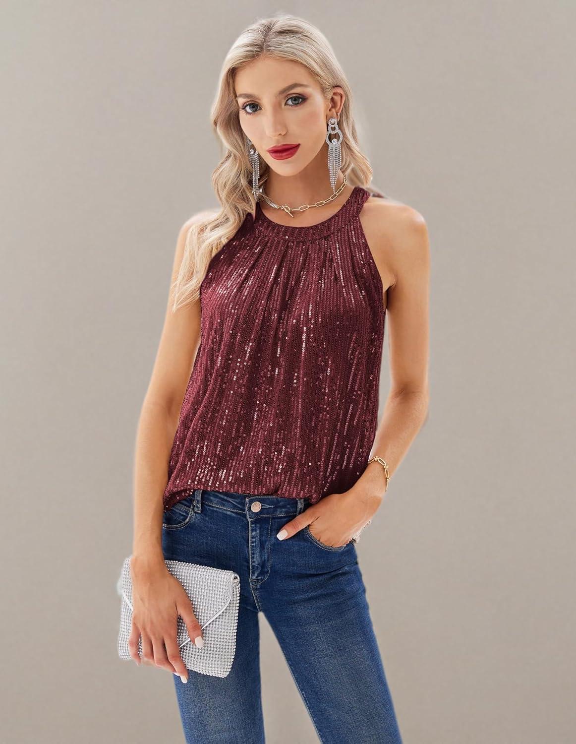 imageGRACE KARIN Sequin Halter Tops for Women Sleeveless Sparkly Shiny Tank Tops Ruched Flowy Sparkly Club Outfits Party ShirtWine Red