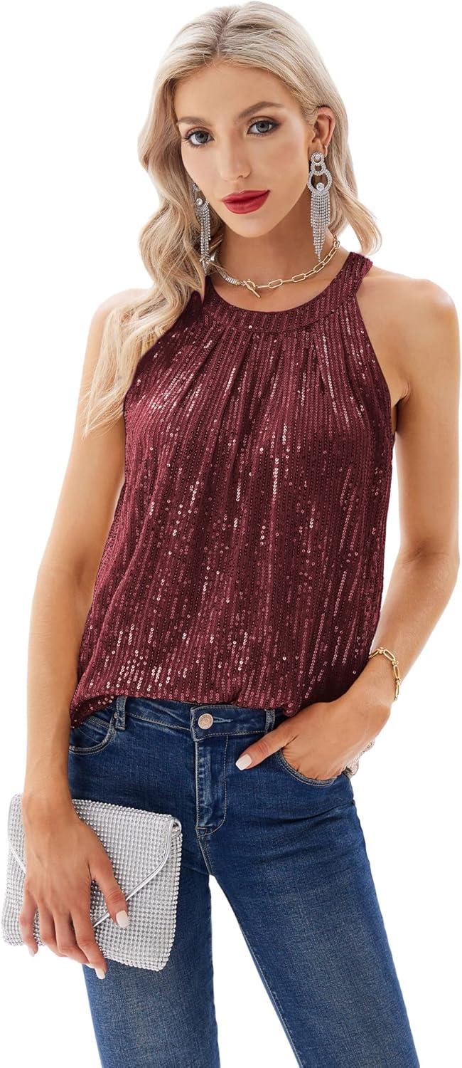 imageGRACE KARIN Sequin Halter Tops for Women Sleeveless Sparkly Shiny Tank Tops Ruched Flowy Sparkly Club Outfits Party ShirtWine Red