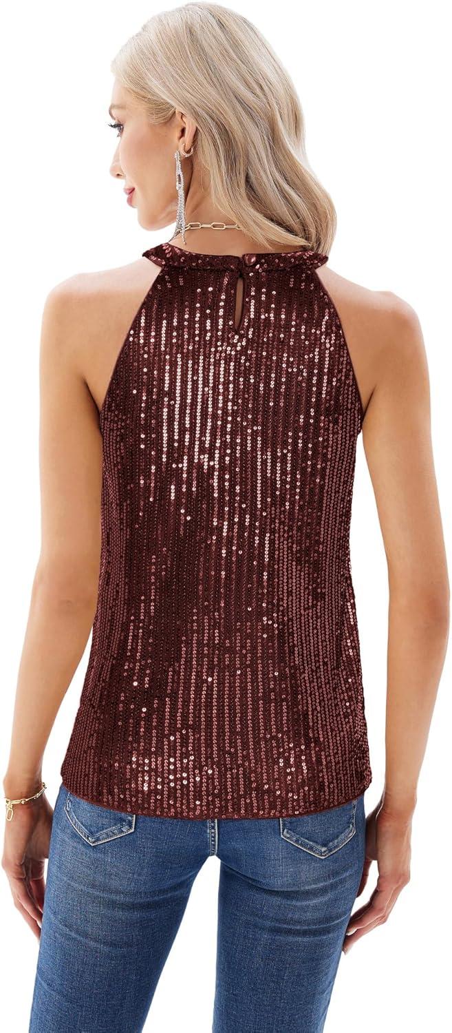 imageGRACE KARIN Sequin Halter Tops for Women Sleeveless Sparkly Shiny Tank Tops Ruched Flowy Sparkly Club Outfits Party ShirtWine Red