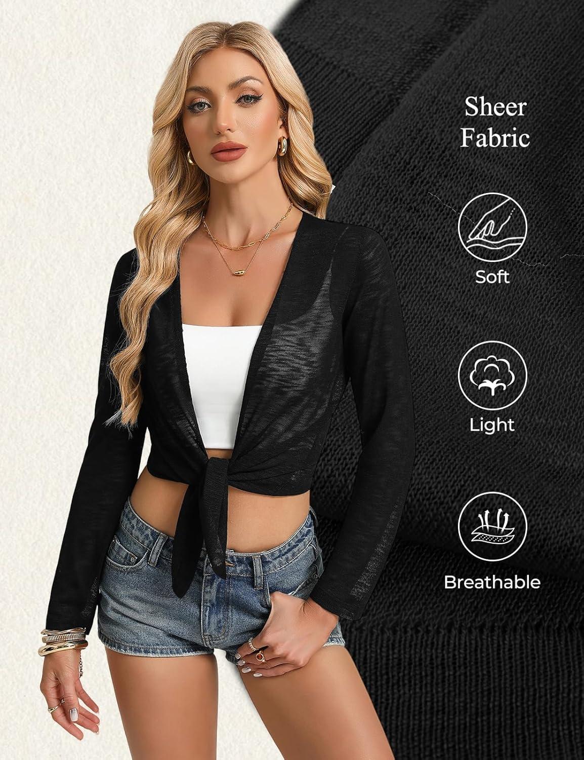 imageGRACE KARIN Sheer Shrugs for Women Long Sleeve Mesh Cropped Cardigan Spring Tie Front Bolero Sweater for DressesBlack