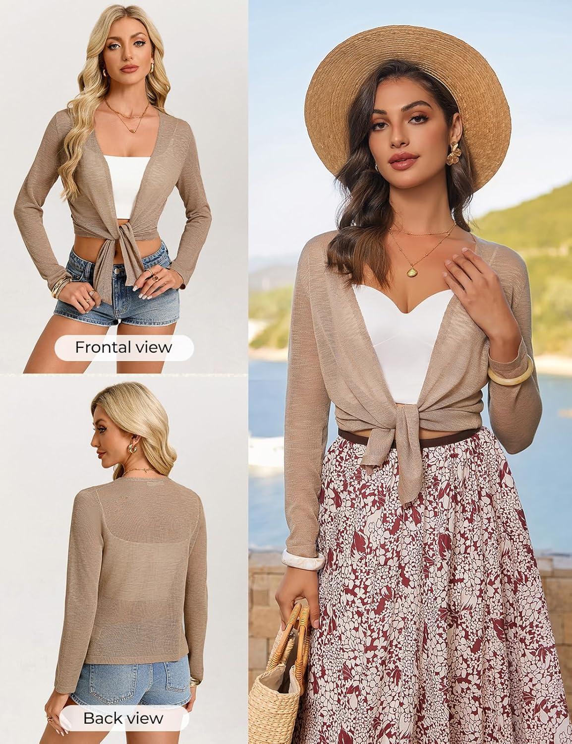 imageGRACE KARIN Sheer Shrugs for Women Long Sleeve Mesh Cropped Cardigan Spring Tie Front Bolero Sweater for DressesKhaki