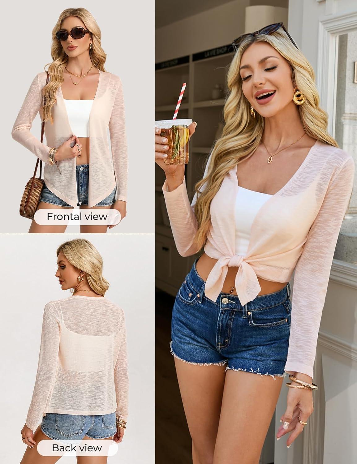 imageGRACE KARIN Sheer Shrugs for Women Long Sleeve Mesh Cropped Cardigan Spring Tie Front Bolero Sweater for DressesPink