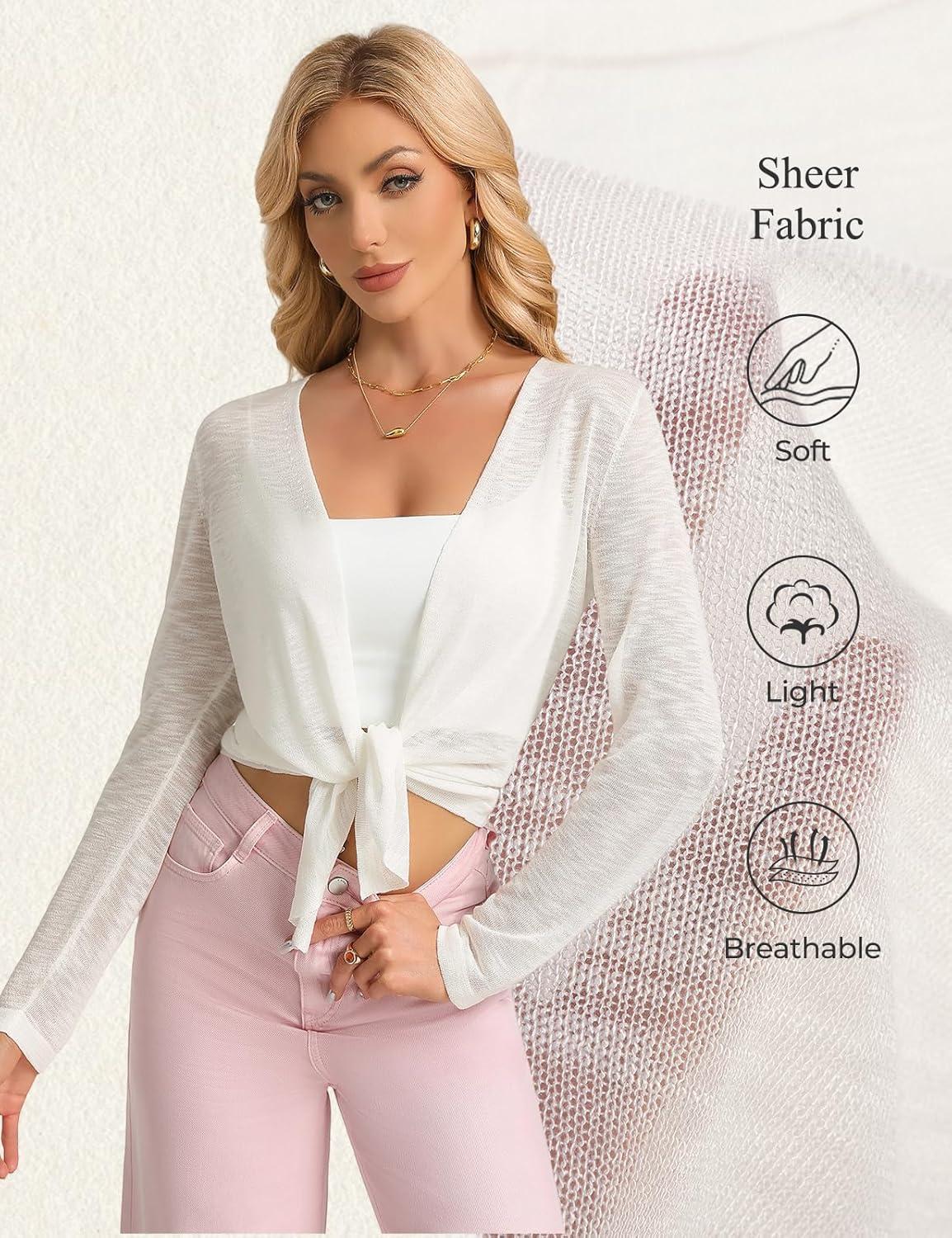 imageGRACE KARIN Sheer Shrugs for Women Long Sleeve Mesh Cropped Cardigan Spring Tie Front Bolero Sweater for DressesWhite