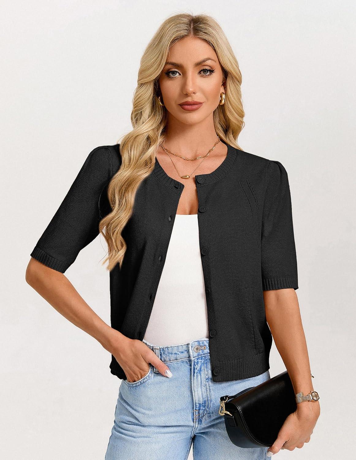 imageGRACE KARIN Short Sleeve Cardigans for Women Spring Cropped Cotton Sweaters Trendy Crew Neck Button Up Tops CasualBlack