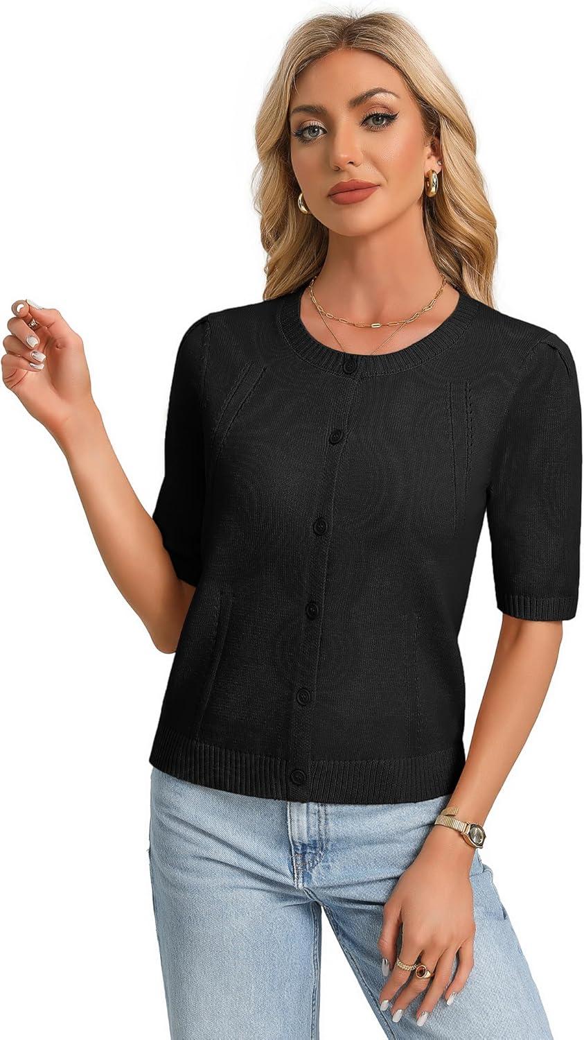 imageGRACE KARIN Short Sleeve Cardigans for Women Spring Cropped Cotton Sweaters Trendy Crew Neck Button Up Tops CasualBlack