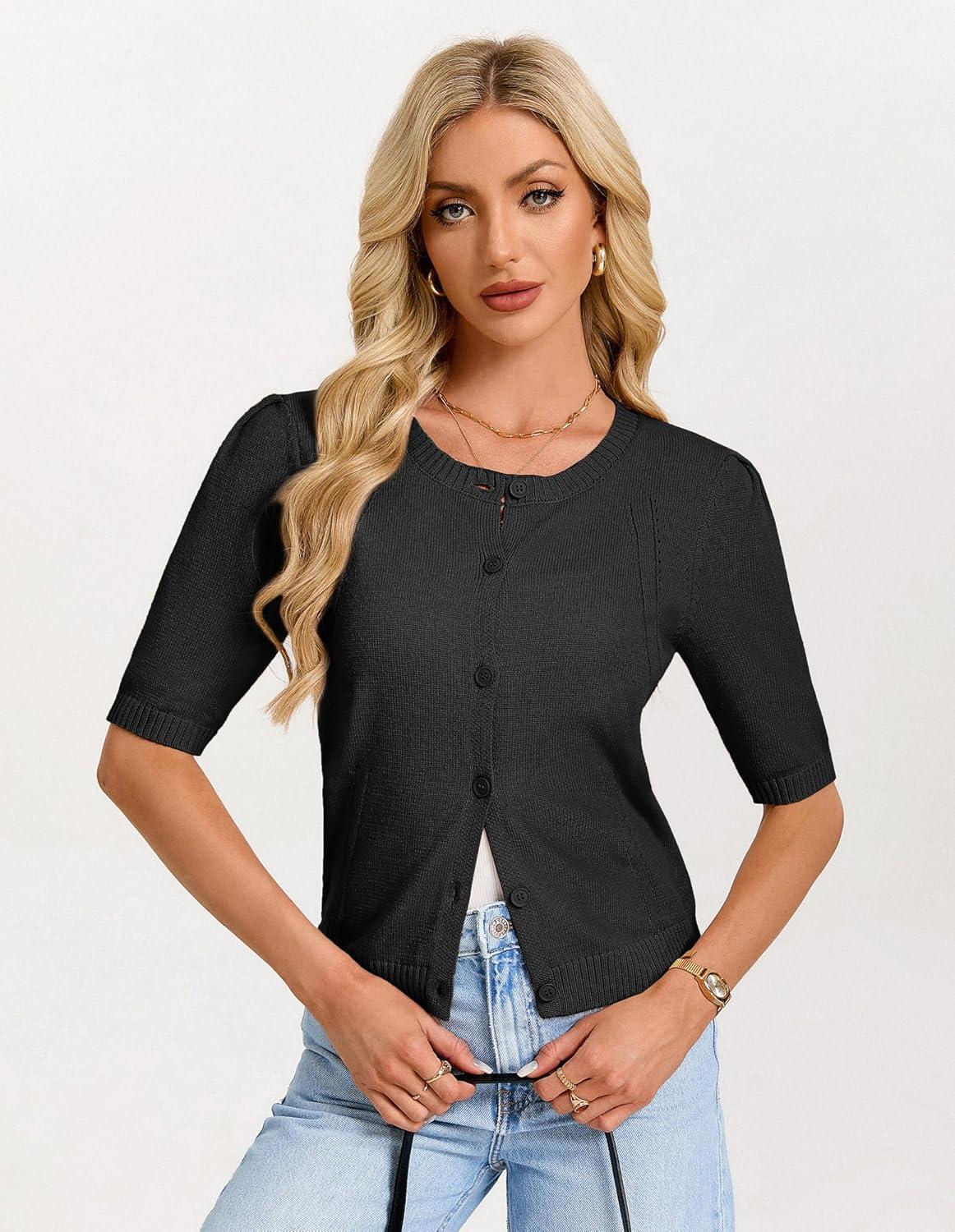 imageGRACE KARIN Short Sleeve Cardigans for Women Spring Cropped Cotton Sweaters Trendy Crew Neck Button Up Tops CasualBlack