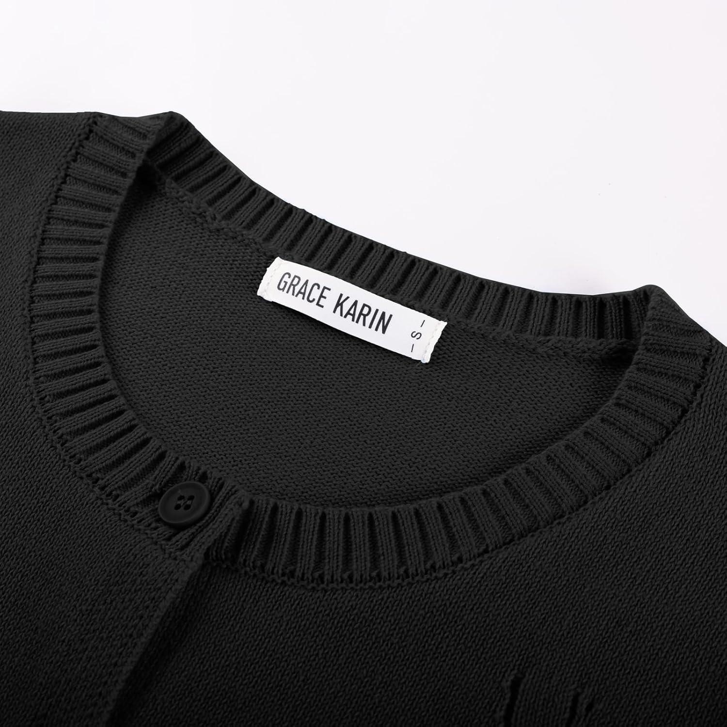 imageGRACE KARIN Short Sleeve Cardigans for Women Spring Cropped Cotton Sweaters Trendy Crew Neck Button Up Tops CasualBlack