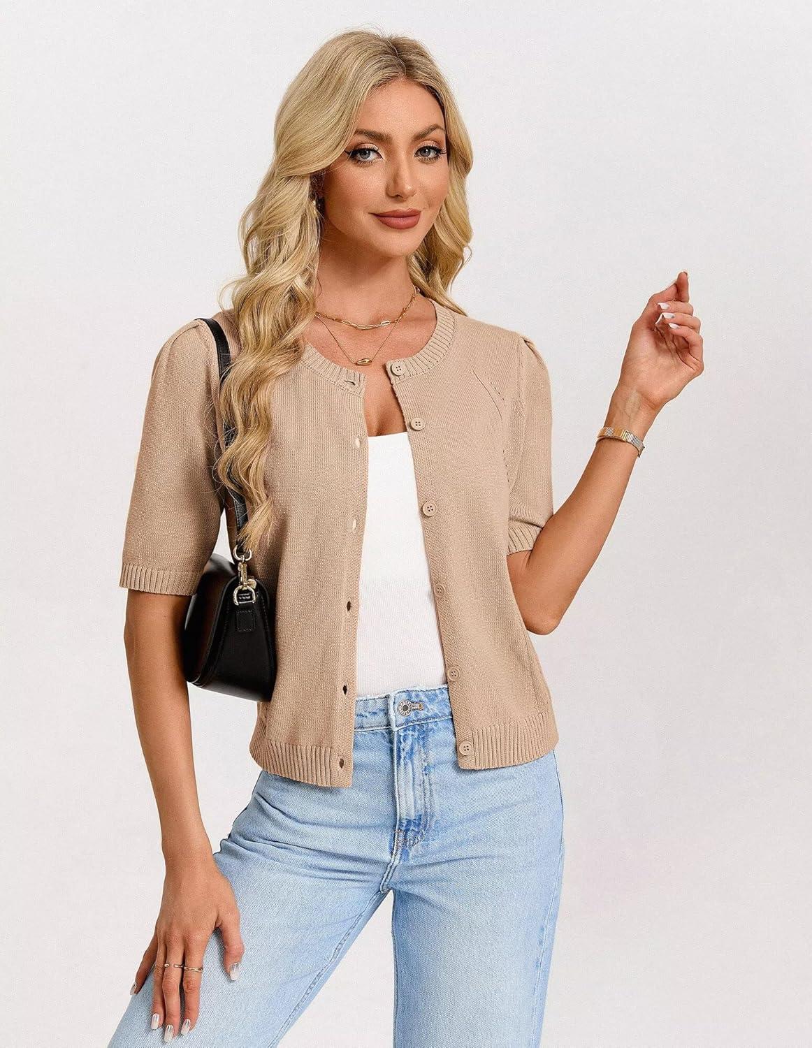 imageGRACE KARIN Short Sleeve Cardigans for Women Spring Cropped Cotton Sweaters Trendy Crew Neck Button Up Tops CasualKhaki
