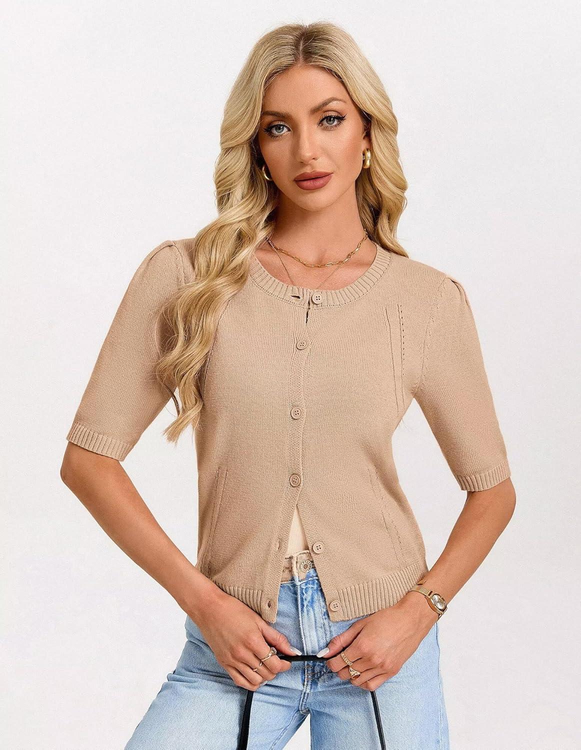 imageGRACE KARIN Short Sleeve Cardigans for Women Spring Cropped Cotton Sweaters Trendy Crew Neck Button Up Tops CasualKhaki