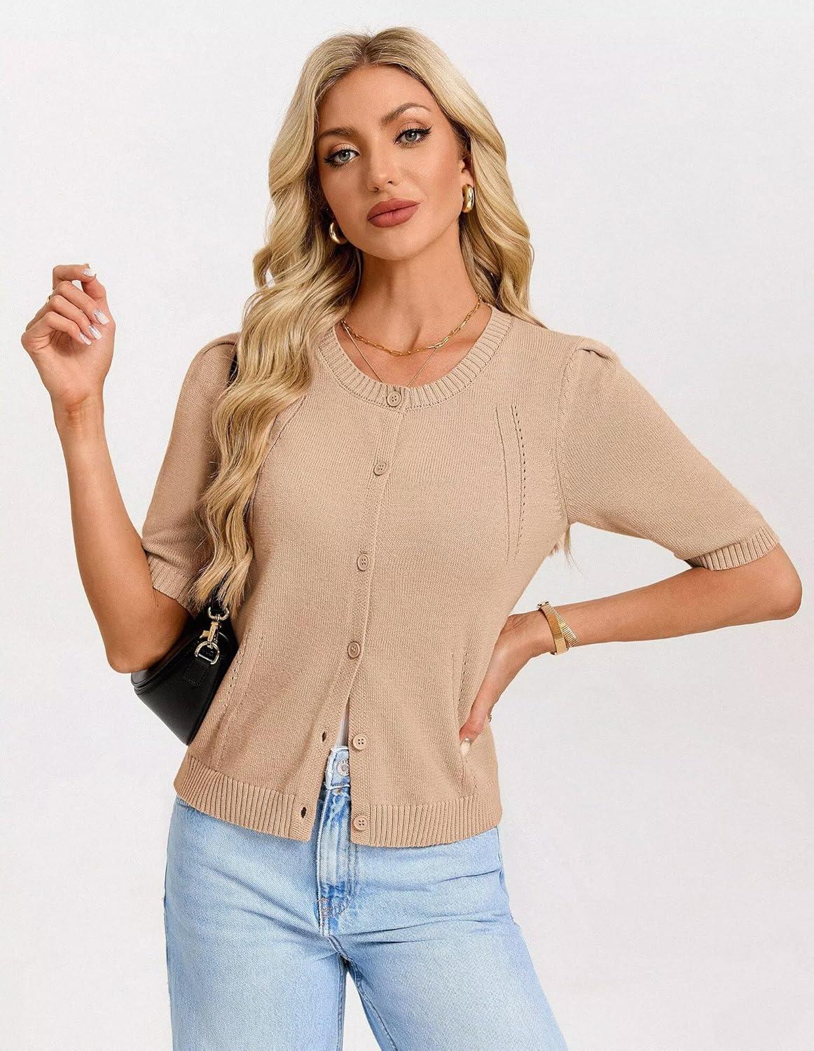 imageGRACE KARIN Short Sleeve Cardigans for Women Spring Cropped Cotton Sweaters Trendy Crew Neck Button Up Tops CasualKhaki