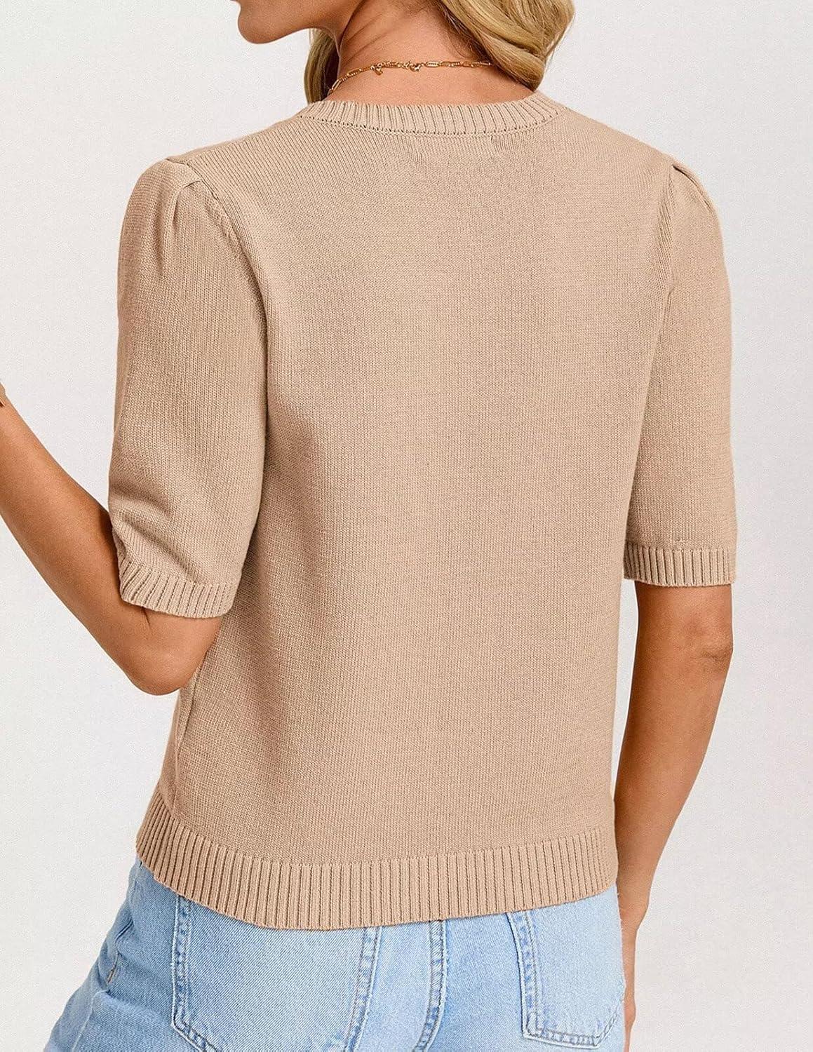 imageGRACE KARIN Short Sleeve Cardigans for Women Spring Cropped Cotton Sweaters Trendy Crew Neck Button Up Tops CasualKhaki