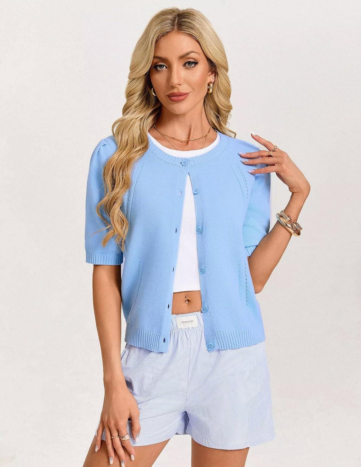 imageGRACE KARIN Short Sleeve Cardigans for Women Spring Cropped Cotton Sweaters Trendy Crew Neck Button Up Tops CasualLight Blue
